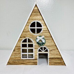 NEW A-Frame Light Wood Decorative House With Christmas Wreath NWT Horizon Group